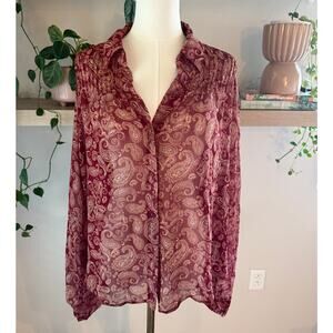 Express Burgundy Paisley Long Sleeve Sheer Button Front Blouse Large Office Fall